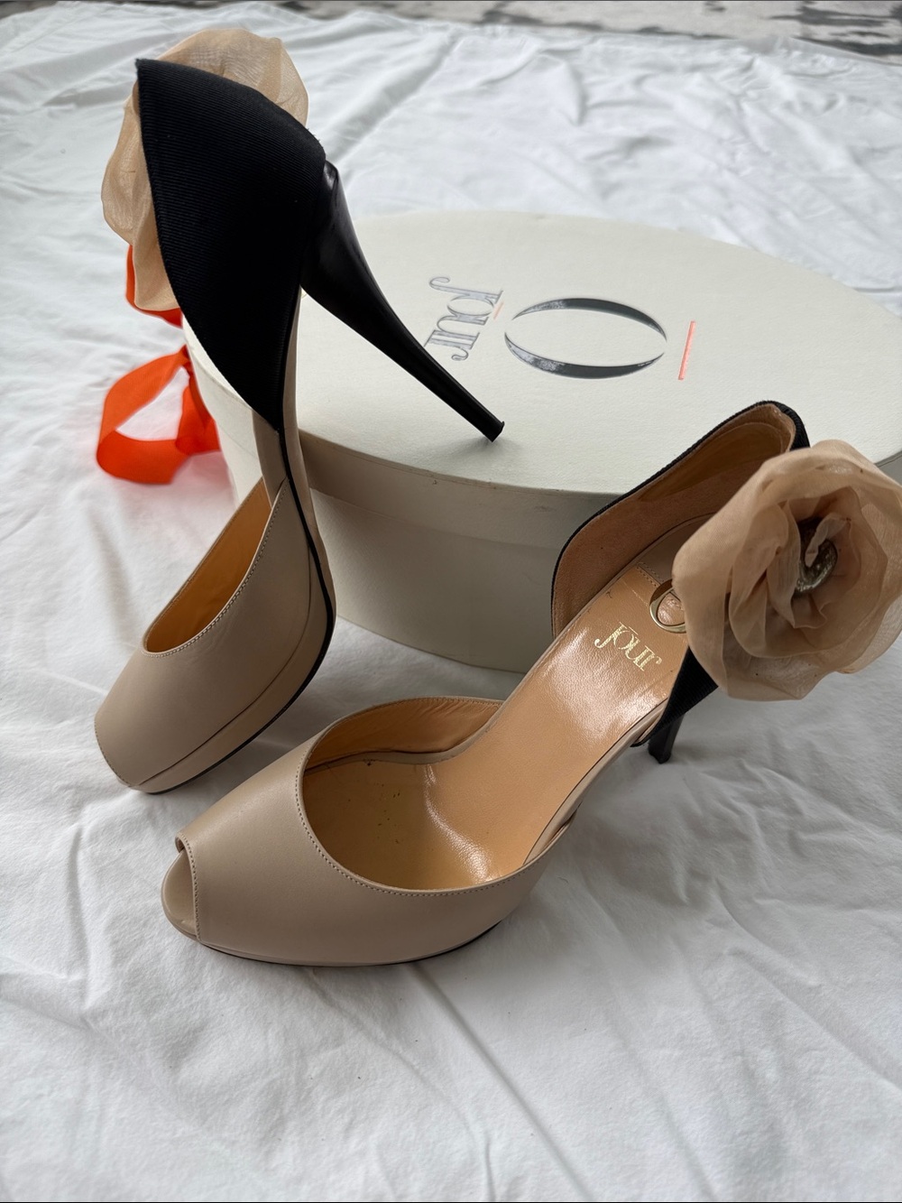 O Jour Italian handmade Beige and Black Peep-Toe Heels with Fabric Floral Accent